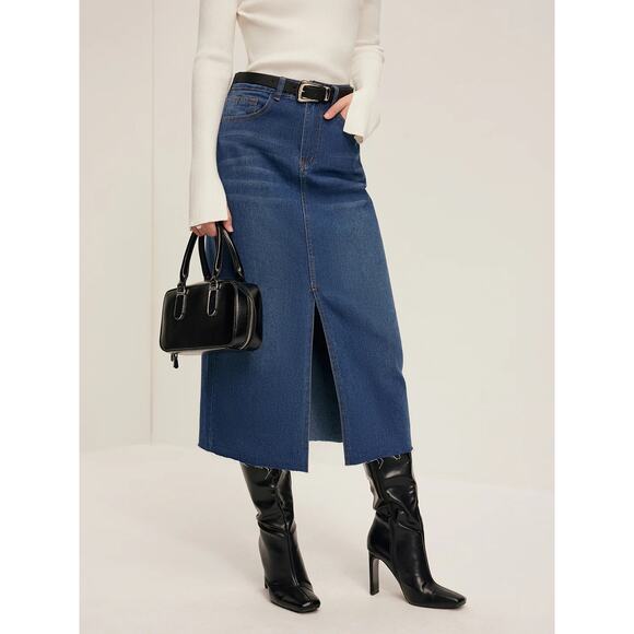 Commense Front Split Raw Hem Denim Midi Skirt S NWT - Picture 1 of 7